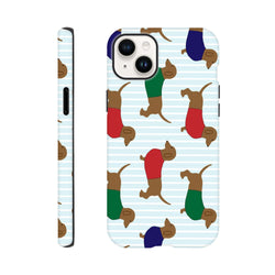 Cute dachshund iPhone case featuring sausage dogs in red, green, and blue sweaters on a striped light blue background.