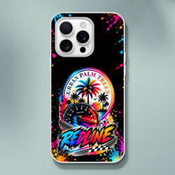 Black iPhone case with colorful RPM gauge, palm trees, paint splatters, and Redline text for petrolheads.