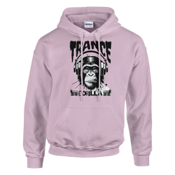 Trance Gorilla men's graphic hoodie on lavender fabric, featuring a gorilla wearing headphones.