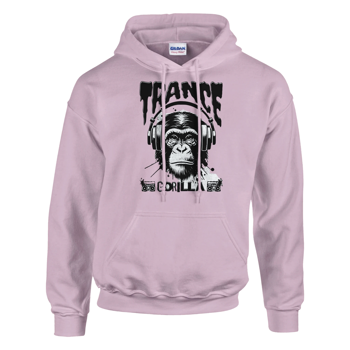Trance Gorilla men's graphic hoodie on lavender fabric, featuring a gorilla wearing headphones.