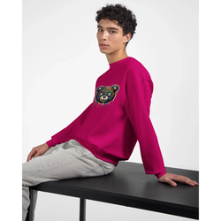 Male model in pink Teddy Bear graphic men's sweatshirt with colorful bear artwork.