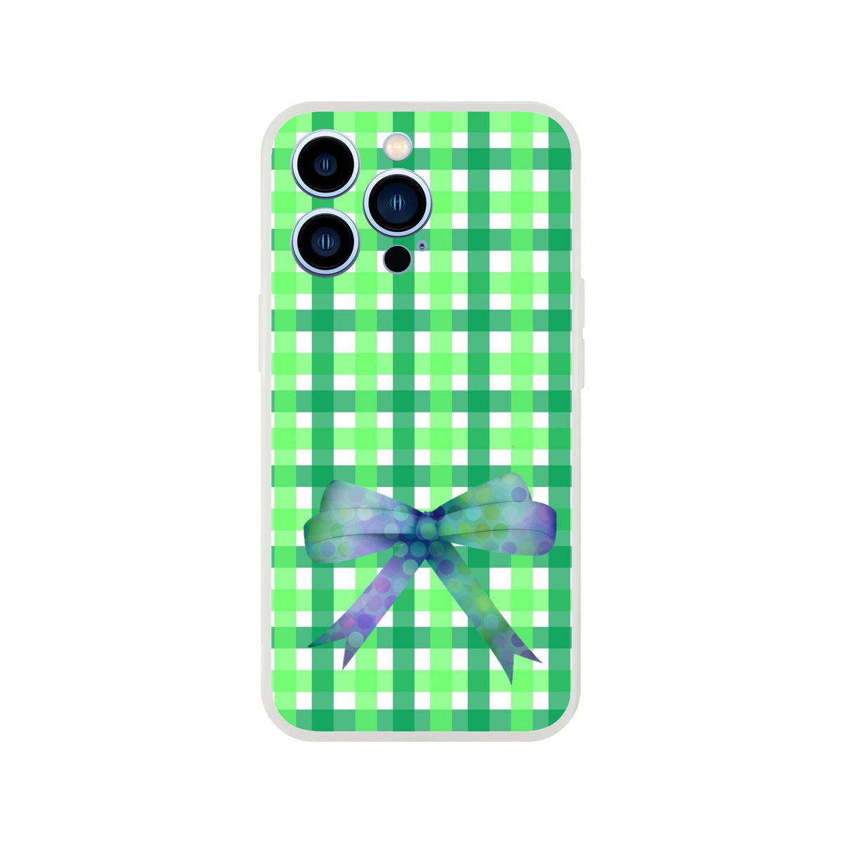 Green gingham bow iPhone case for 13-16 with a frosty transparent TPU shell and a printed bow.