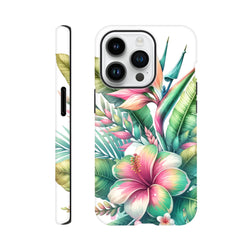 Tough floral iPhone case featuring a vibrant pink hibiscus and tropical leaves. Impact-resistant botanical phone cover for street style.