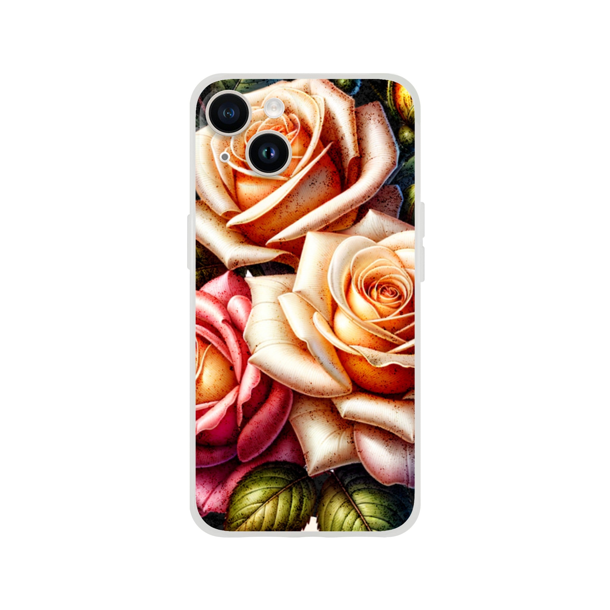 Roses floral iPhone case with multicolored rose pattern for iPhone 16, 15, 14, 13, slim protective shell.