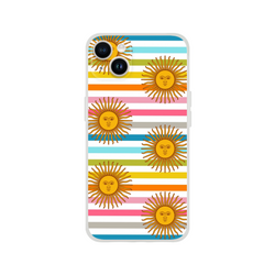 Retro Rainbow Sun iPhone Case for iPhone 13-16 with boho sun motifs on a colorful striped background.