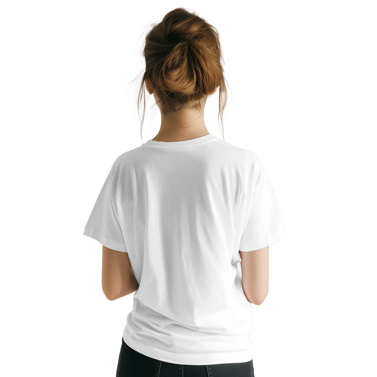 Back view of a woman wearing a plain white T-shirt, hair in a bun, casual summer look.