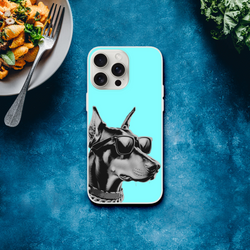 Cool Dog iPhone Case (13-16) retro turquoise TPU cover with a dog wearing sunglasses.