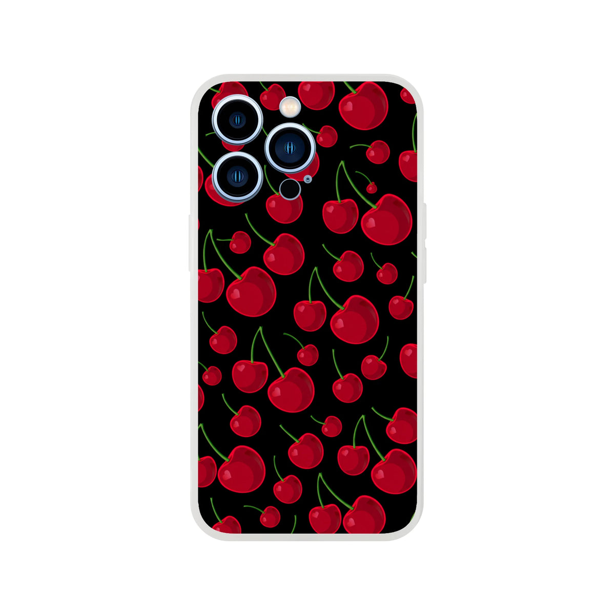 Black iPhone case featuring a retro red cherry pattern with green stems, slim matte finish shock-absorbent TPU cover for streetwear style.