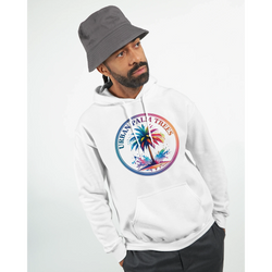 Man wearing Urban Palm Trees Hoodie for Men with a colorful palm-tree graphic on a white pullover