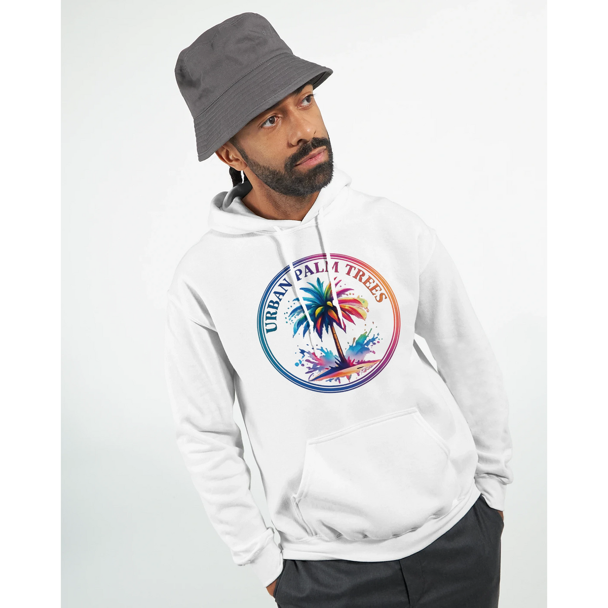 Man wearing Urban Palm Trees Hoodie for Men with a colorful palm-tree graphic on a white pullover