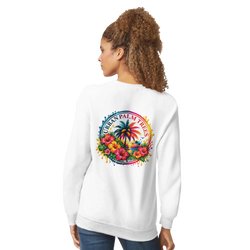 White sweatshirt back view featuring a colorful retro tropical print with hibiscus flowers, palm trees, and a sunset design.