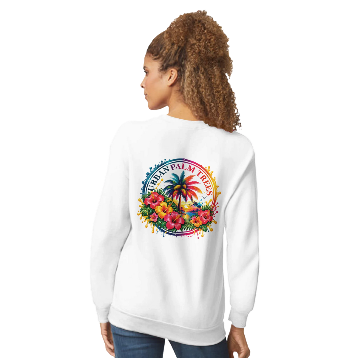 White sweatshirt back view featuring a colorful retro tropical print with hibiscus flowers, palm trees, and a sunset design.