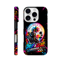 Black iPhone case with "Drop A Gear" text, manual shifter, and Urban Palm Trees sunset graphic on a colorful paint-splatter background.