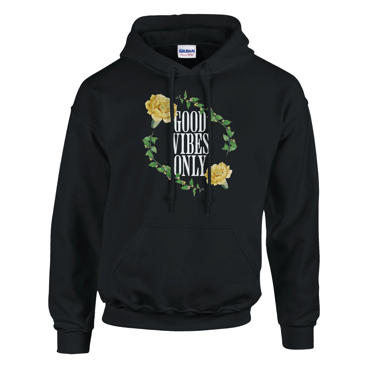 Black hoodie with 'GOOD VIBES ONLY' in white, framed by a yellow rose floral wreath.
