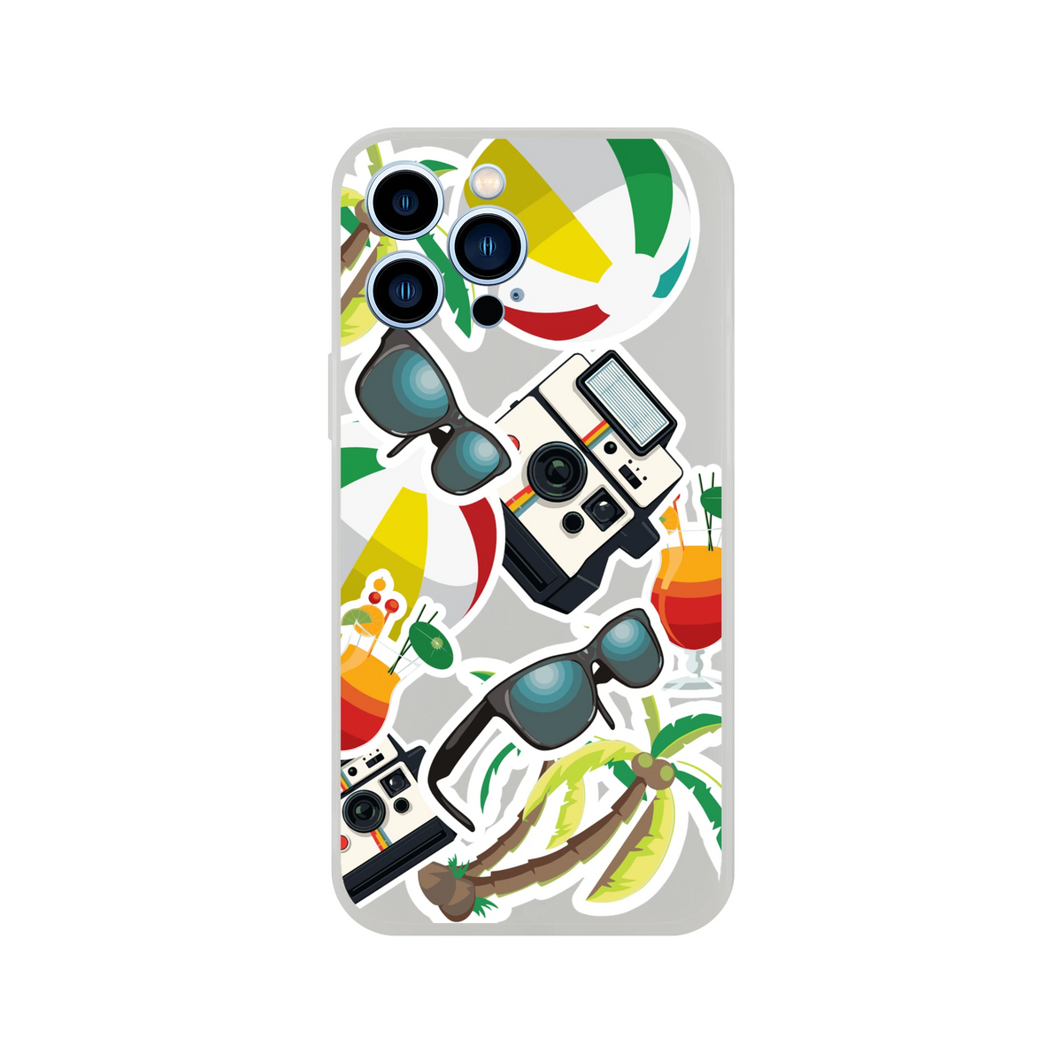 Transparent iPhone case with summer sticker effect design featuring a beach ball, vintage camera, sunglasses, cocktails, and palm trees.
