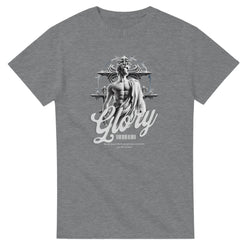 Grey Gothic Glory men's graphic T-shirt with statue-like male figure, ornate crosses and Glory script.