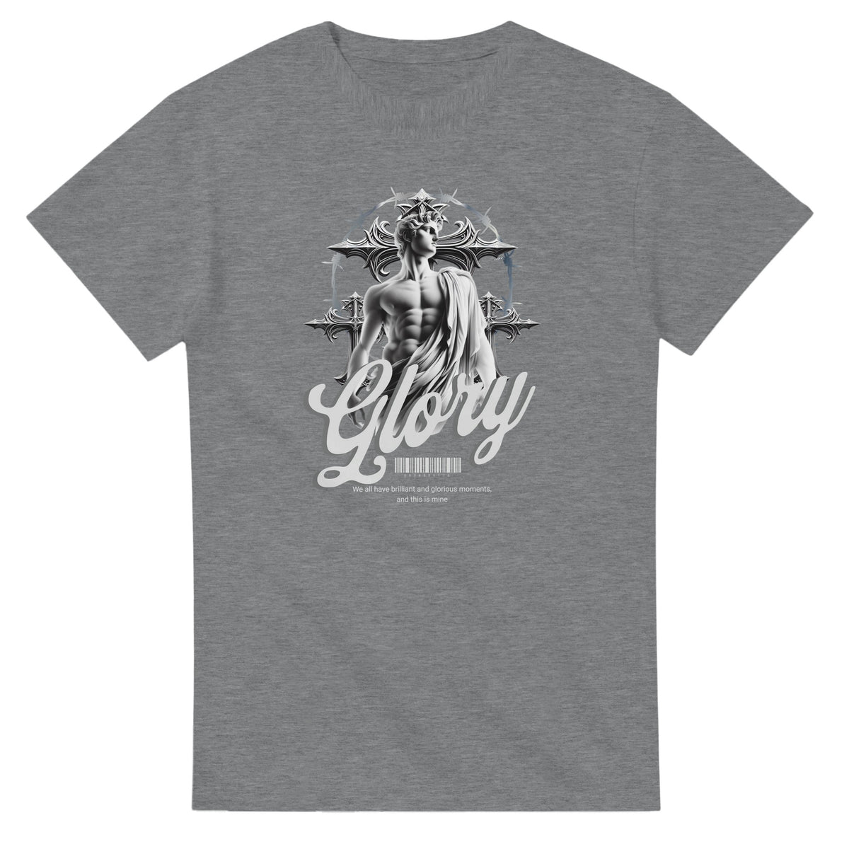 Grey Gothic Glory men's graphic T-shirt with statue-like male figure, ornate crosses and Glory script.