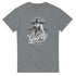 Grey Gothic Glory men's graphic T-shirt with statue-like male figure, ornate crosses and Glory script.