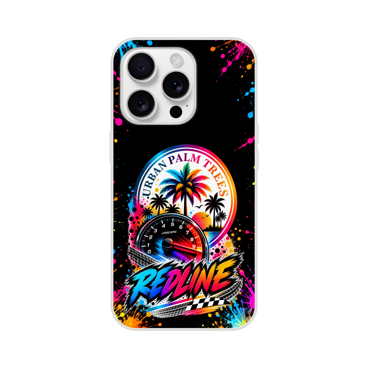 Redline car culture iPhone case featuring colorful Urban Palm Trees graphic, RPM gauge, paint splatters, and checkered flag on black background.