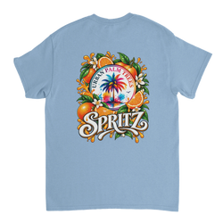 Back print of women's retro orange spritz t-shirt featuring colorful palm tree, splashing oranges, and vintage typography design.