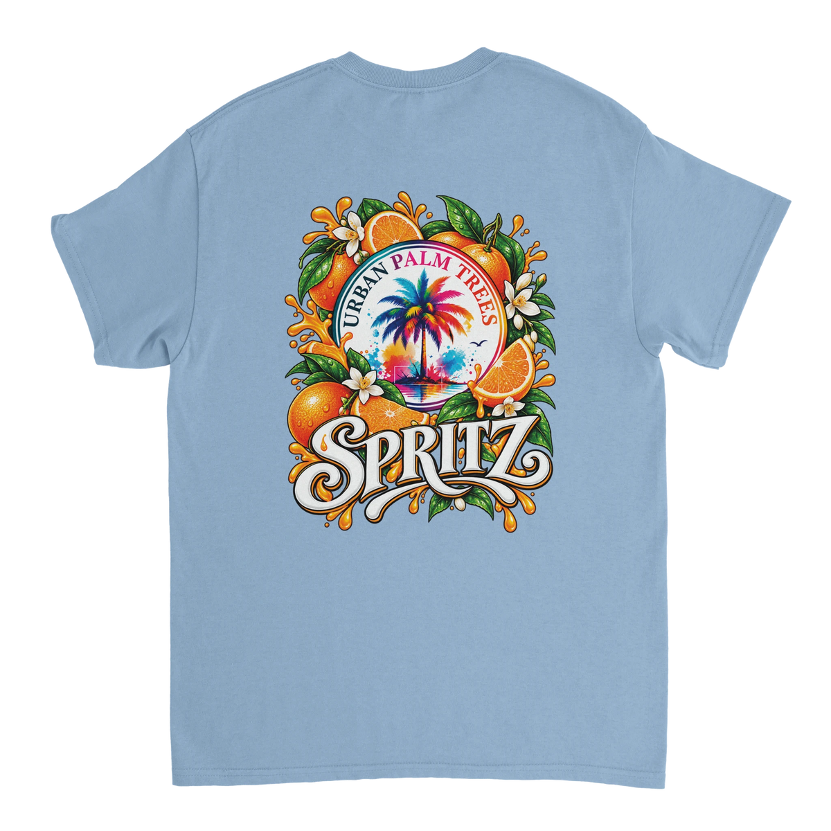 Back print of women's retro orange spritz t-shirt featuring colorful palm tree, splashing oranges, and vintage typography design.