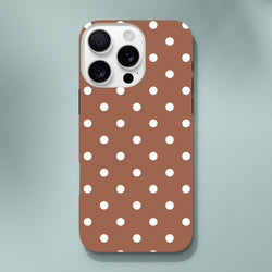 Retro brown and white polka dot tough iPhone case with shock-absorbing TPU protection for iPhone 13-16 Pro Max.