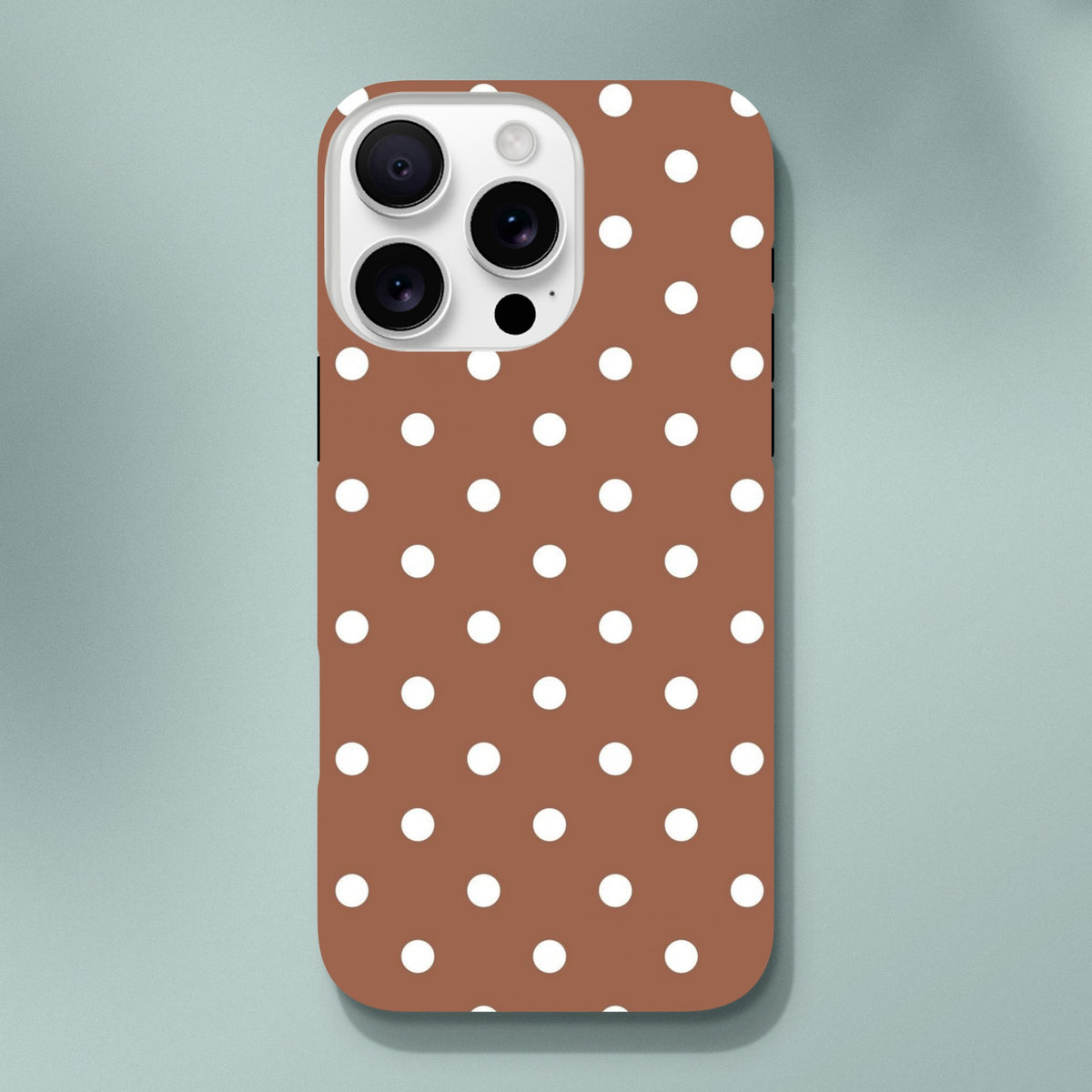 Retro brown and white polka dot tough iPhone case with shock-absorbing TPU protection for iPhone 13-16 Pro Max.