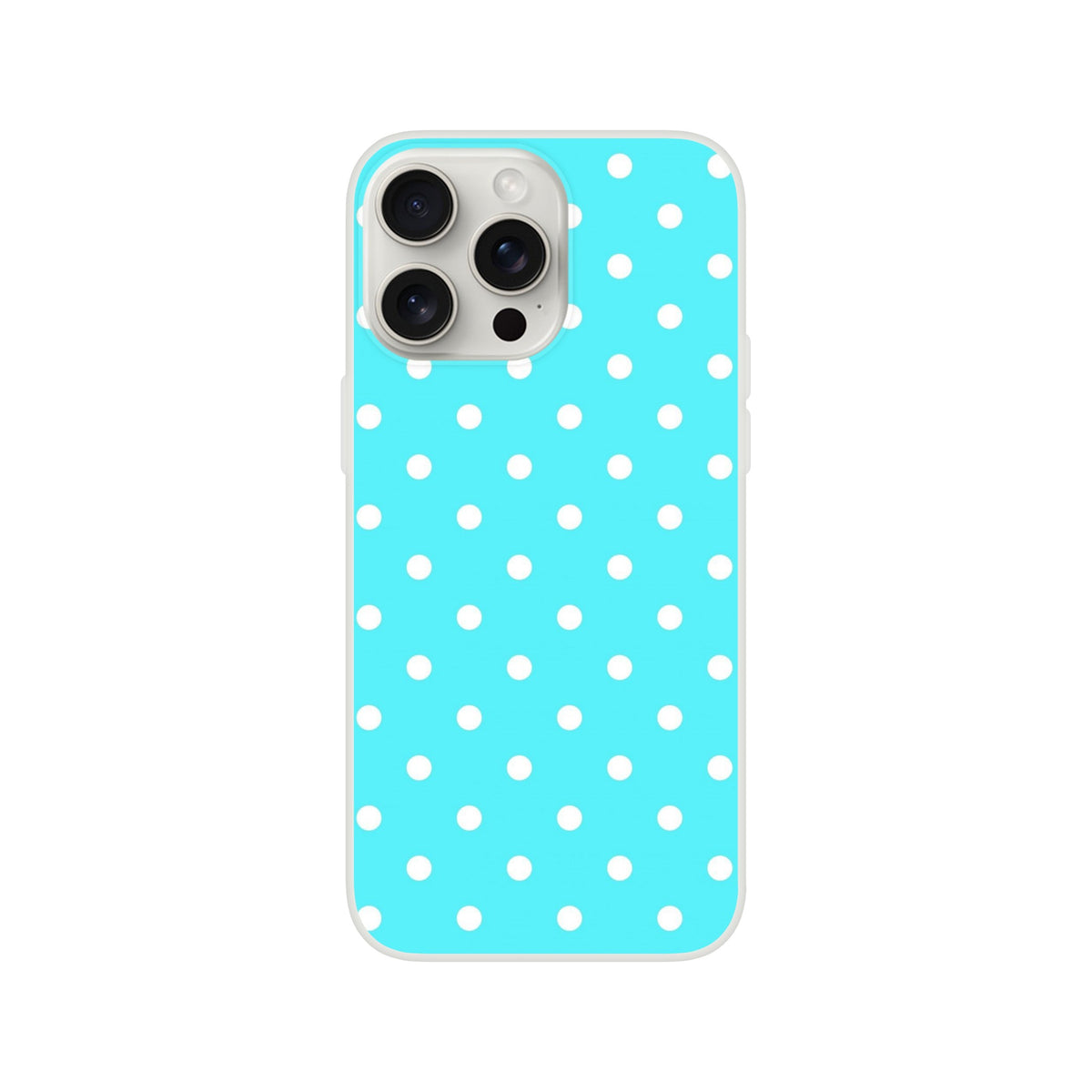 Retro aqua blue and white polka dot iPhone case. Slim, flexible TPU cover with matte finish and shock-absorbing protection for daily use.