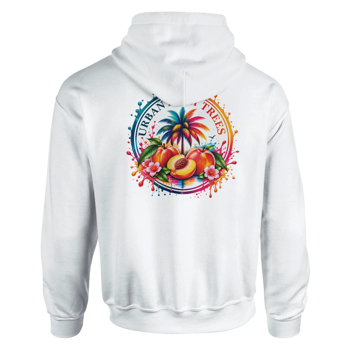 White hoodie featuring a colorful retro back print of peaches, a palm tree, and flowers with "Urban Trees" text.