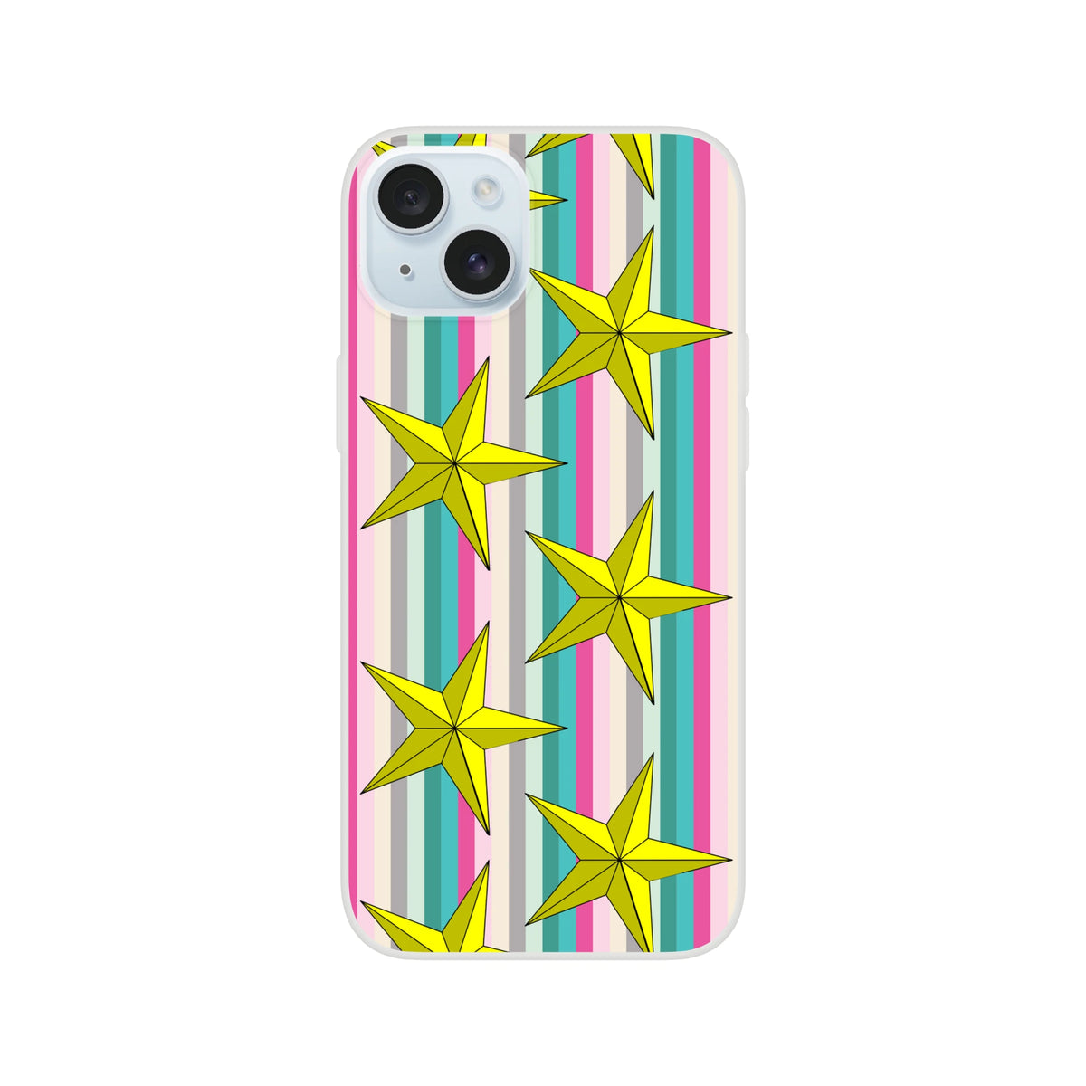 Pastel stripe gold star iPhone case for iPhone 13–16; slim TPU with matte finish.