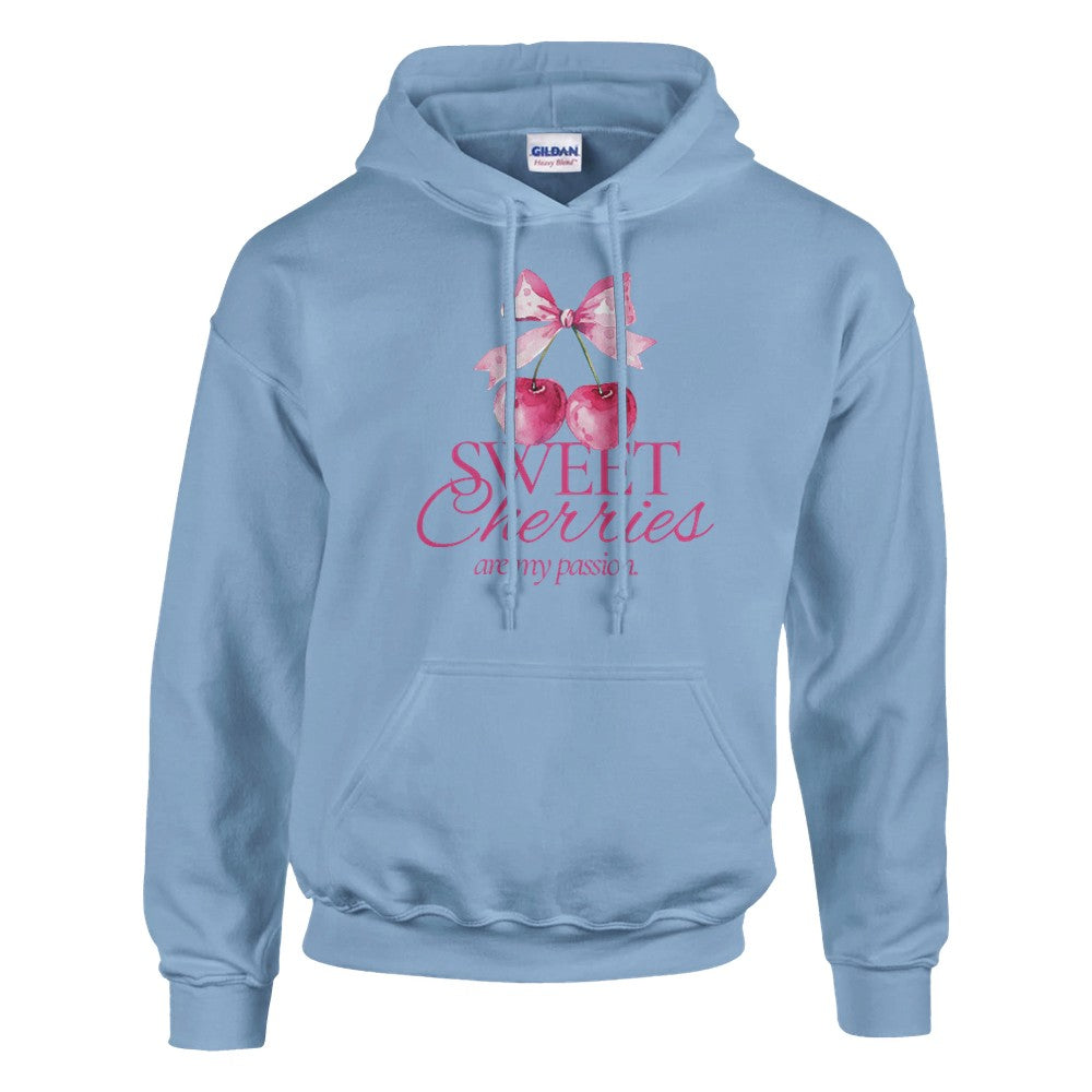 Blue women's cherries hoodie featuring pink cherry graphic with Sweet Cherries are my passion.