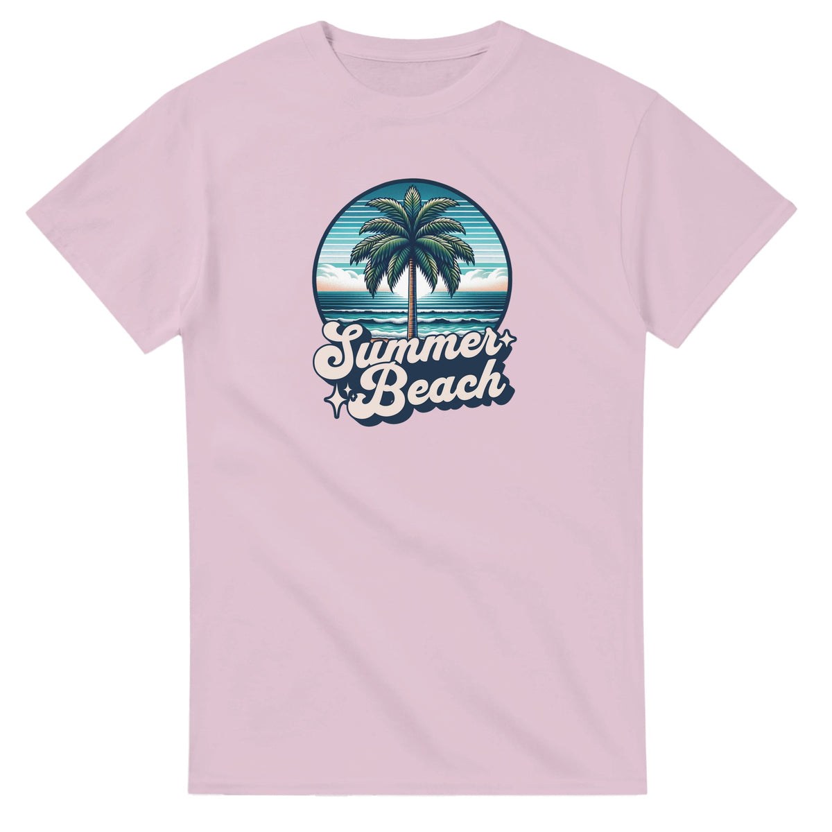 Pink women's T-shirt with tropical beach graphic: palm tree in a circular ocean scene and Summer Beach lettering.