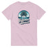 Pink women's T-shirt with tropical beach graphic: palm tree in a circular ocean scene and Summer Beach lettering.