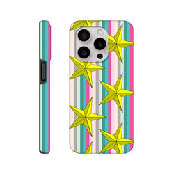 Retro iPhone case featuring yellow 3D stars on pastel vertical stripes with tough protective side casing.