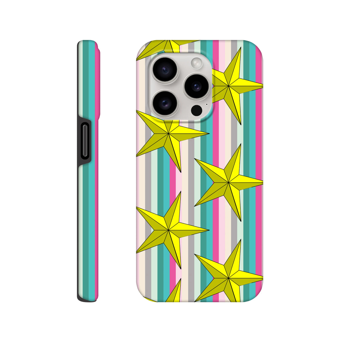 Retro iPhone case featuring yellow 3D stars on pastel vertical stripes with tough protective side casing.