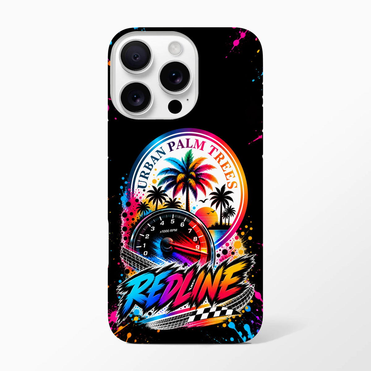 Redline Petrolhead iPhone case with Urban Palm Trees speedometer graphic, vibrant splatter art, and checkered racing flag design for modified car culture.