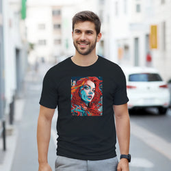 Black men's t-shirt featuring a bold artistic streetwear graphic of a redheaded woman with vibrant blue shading.