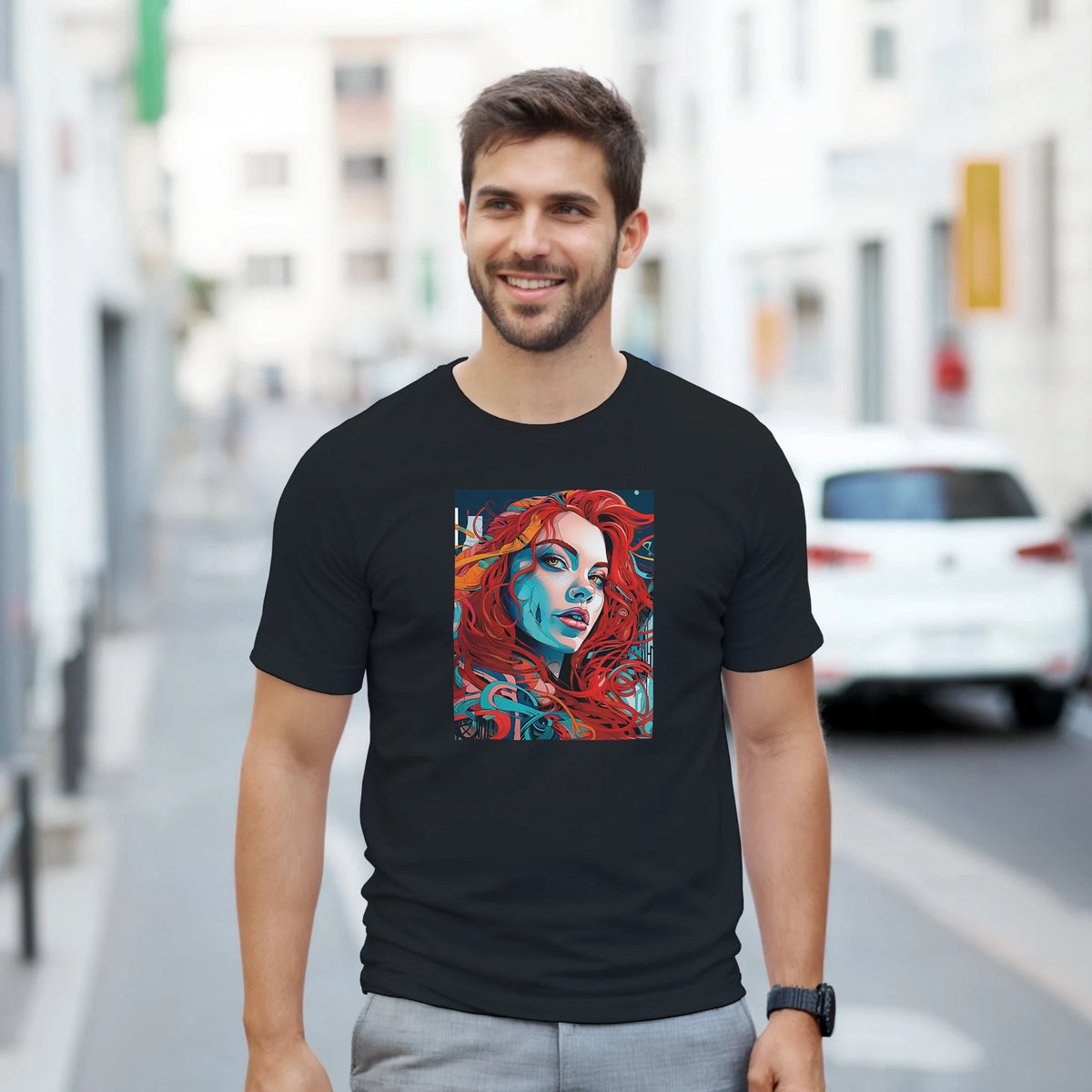 Black men's t-shirt featuring a bold artistic streetwear graphic of a redheaded woman with vibrant blue shading.