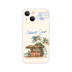 Vintage Postcard iPhone Case Island Holiday design with palm trees and thatched hut beach scene.