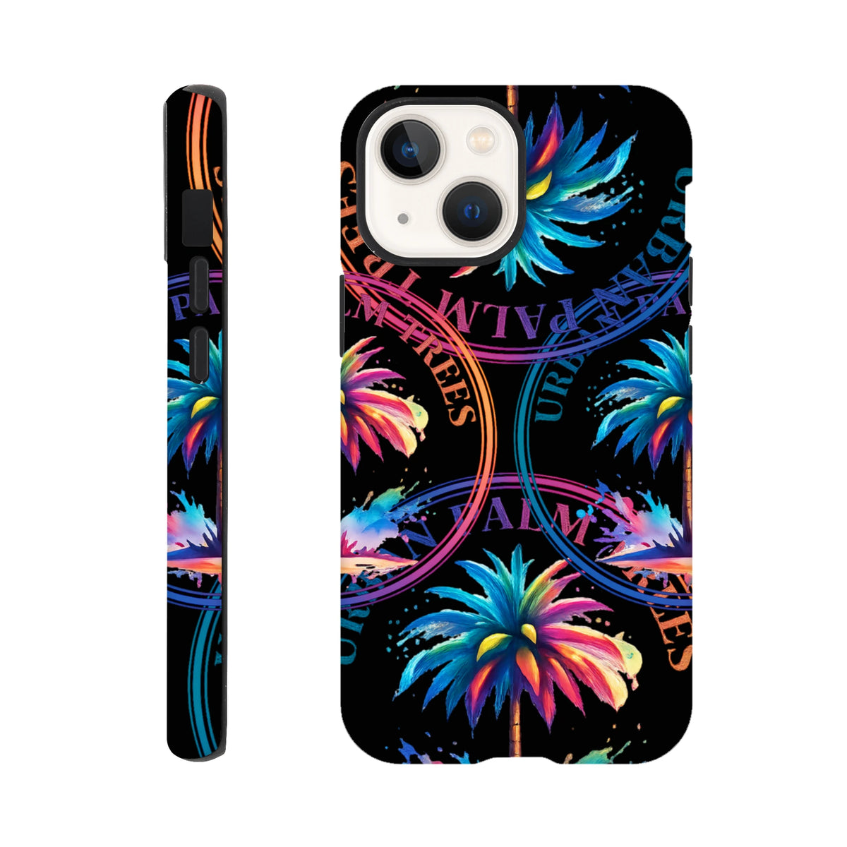 Tough iPhone case featuring vibrant neon palm trees and graffiti text on black. Durable tropical streetwear design for city life.