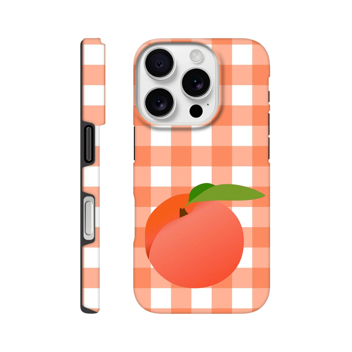 Retro peach fruit graphic on orange and white gingham iPhone case. Durable tough cover with full wraparound checkered print for streetwear style.