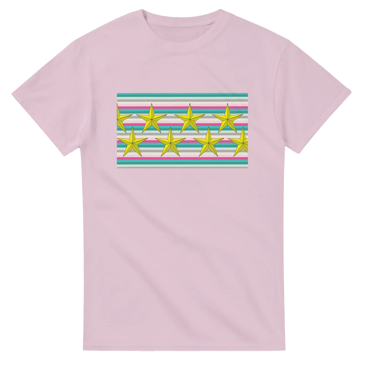 Pastel pink women's T-shirt with a pastel stripe panel and gold star graphic for a cute retro aesthetic.