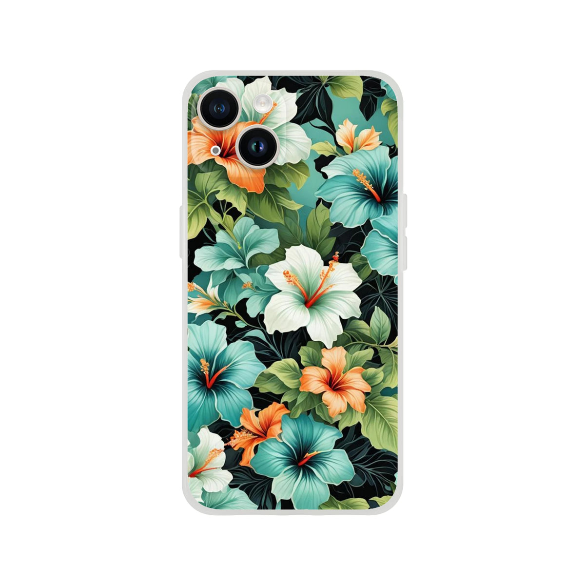 Tropical hibiscus floral iPhone case (13-16) with vibrant Hawaiian print on a slim matte shell.