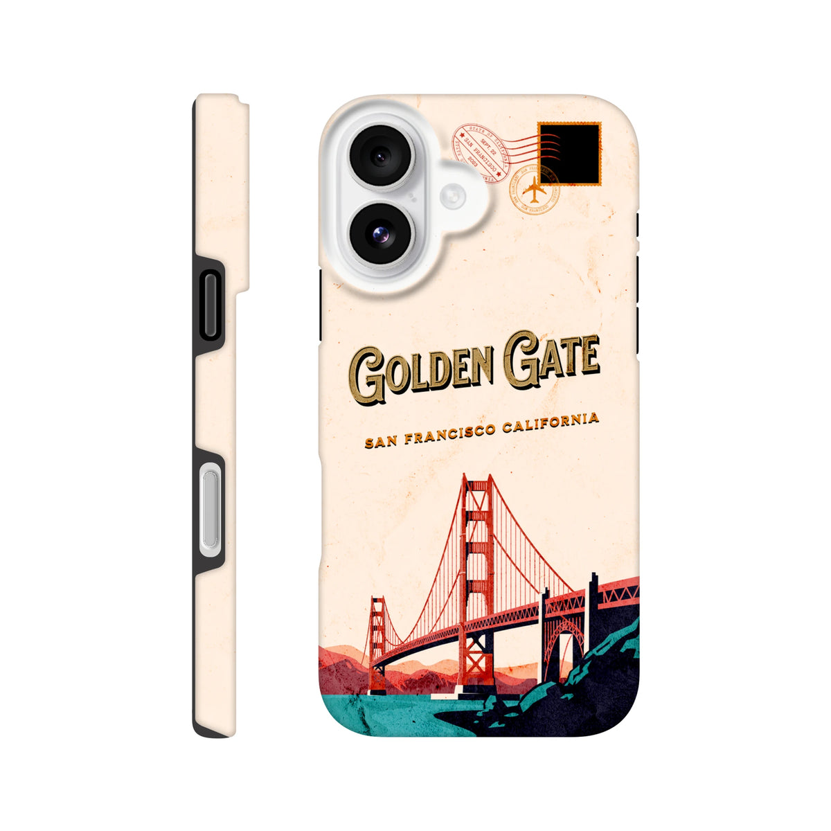 Retro San Francisco postcard iPhone case featuring Golden Gate Bridge illustration and vintage travel stamp design.