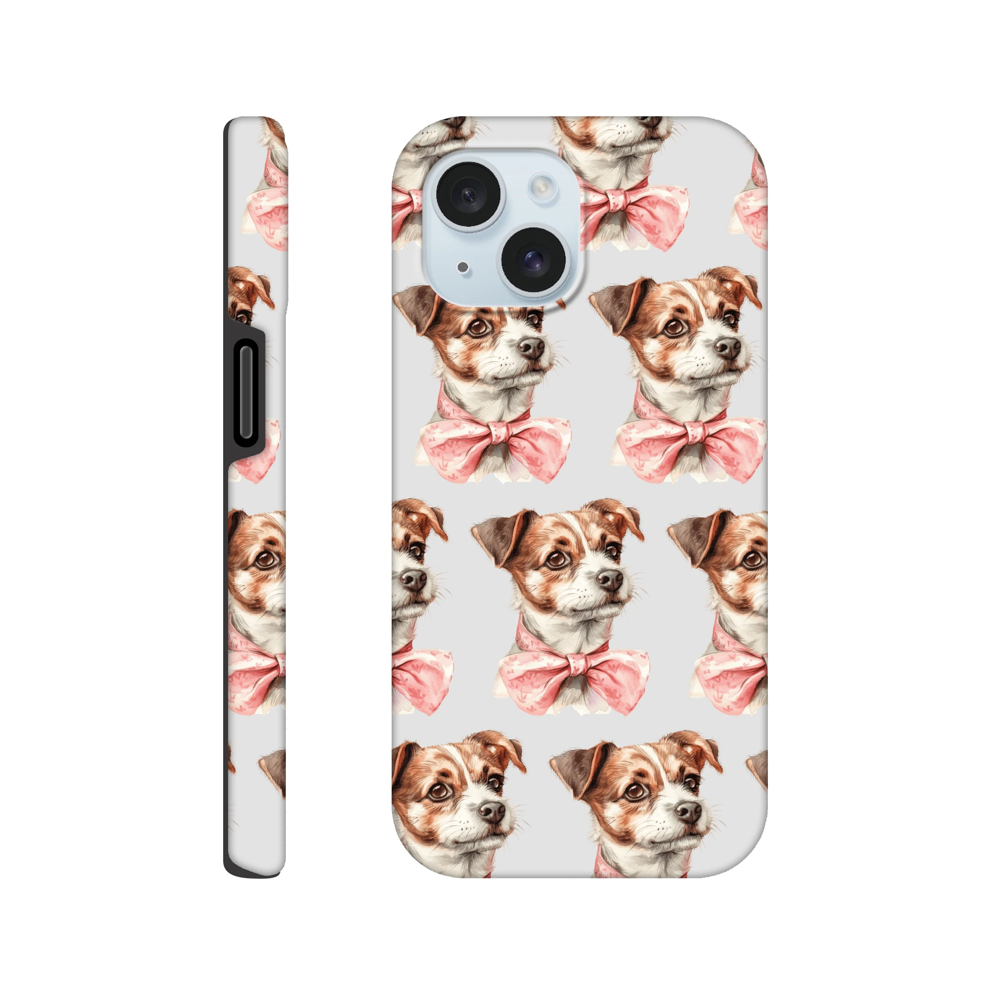 Cute dog-pattern tough protective case with pink bow, dual-layer wraparound print on back and sides for iPhone 16-13.