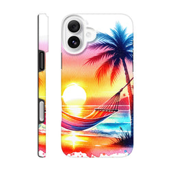 Tropical sunset iPhone case featuring a vibrant palm tree and hammock design over ocean waves, offering tough protective durability for daily carry.