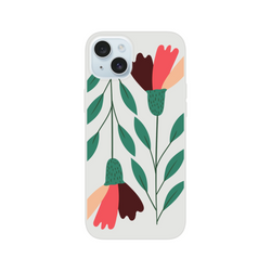Clear floral iPhone case for iPhone 13-16 with green stems and red-pink flowers on a frosted background.