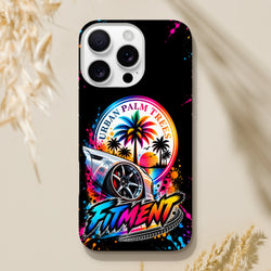 Fitment iPhone case with urban palm trees sunset graphic, modified car art, colorful splatter, and streetwear style.