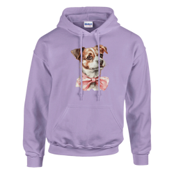 Lilac women's graphic hoodie featuring a cute dog wearing a pink bow tie.