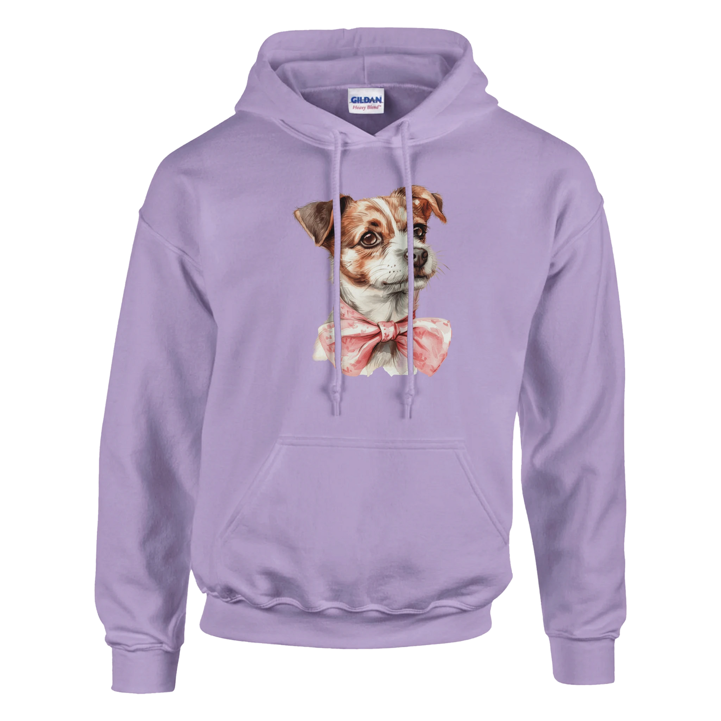 Lilac women's graphic hoodie featuring a cute dog wearing a pink bow tie.